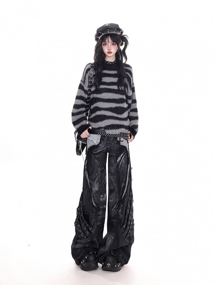 With Pattern Black Sweater Cross Knit Punk Gray Striped