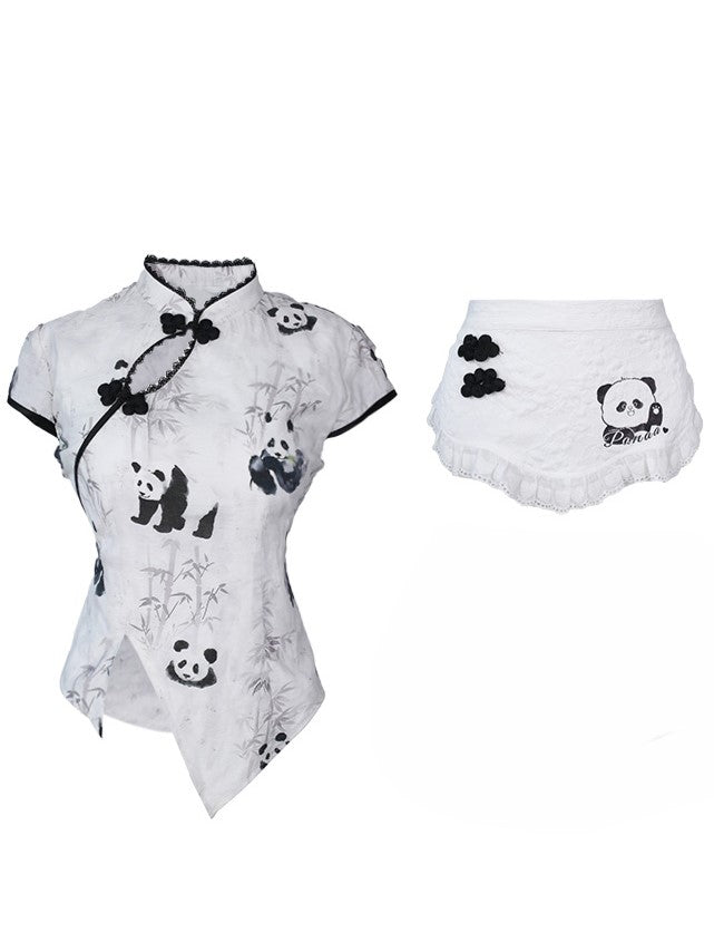with Top Ink-Style Cheongsam-Inspired Panda Short Sleeve White