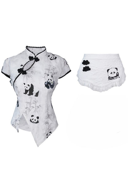 with Top Ink-Style Cheongsam-Inspired Panda Short Sleeve White