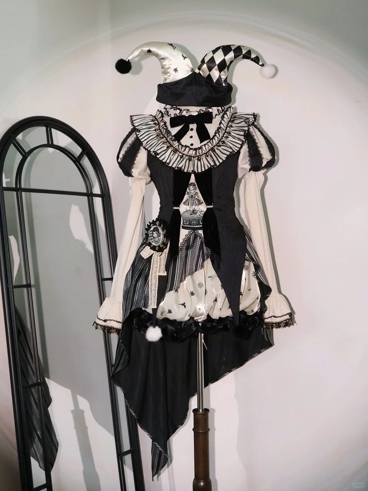 Sweet Accessories Top Skirt Clown Vibes White Sleeves Hi-lo and + Set- Black Puff Circus Full Lolita