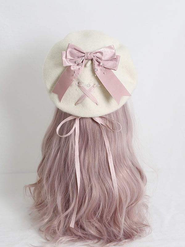6-Color Bowknot Cute Ribbon Beret With Lolita Off-White Optional