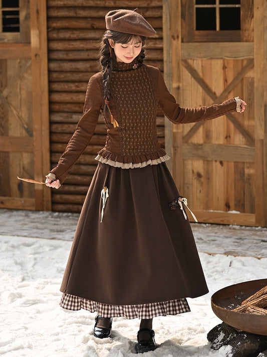 Brown Bowknot Details Ankle Length Skirt Plaid Ruffle Hem