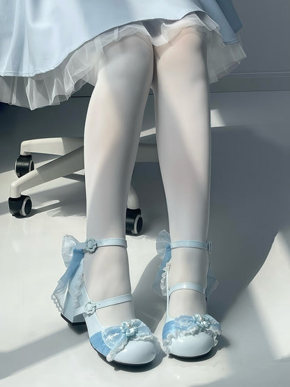 Blue Cherry Flower Sweet Mary Jane Shoes with Lace Bow - XIN MENG