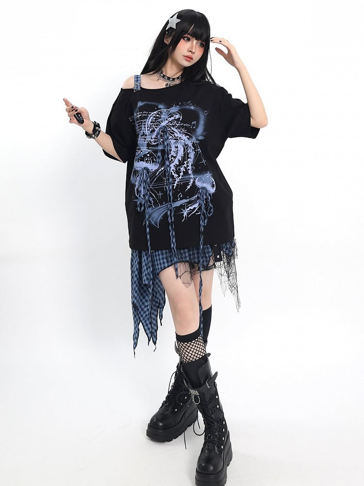 Asymmetrical Tee with Jellyfish Print and Bows - Catwish