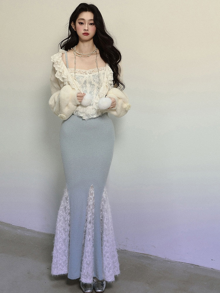 ブルークロシェレースコルセットボディスレースパッチワークマーメイドスカートマキシドレス