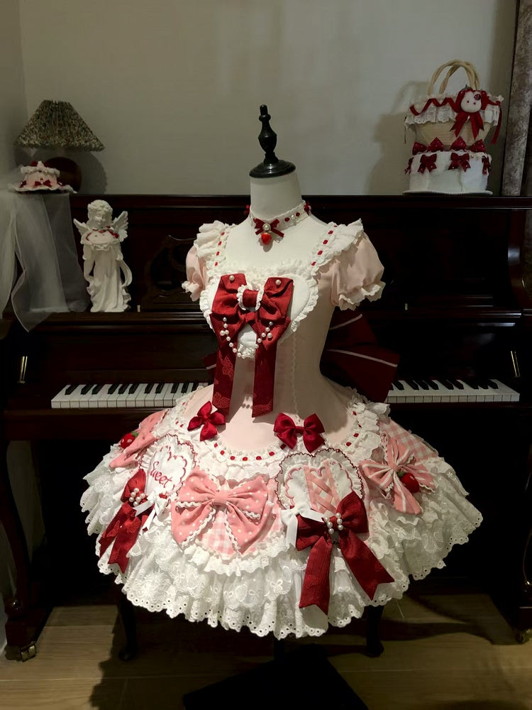 Heart Lolita Bow Decorated Pink Strawberry-Themed JSK Red and Set / Cute Full