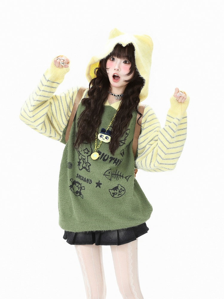 Cat with Knit Green/Blue Striped Print Adorable Hoodie Cozy