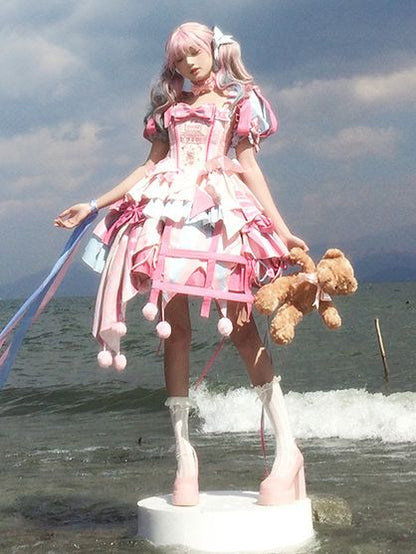 Bunny Dress Sweet Pink Detachable Jumper Circus Sleeves with Puff Skirt Embroidery Lolita