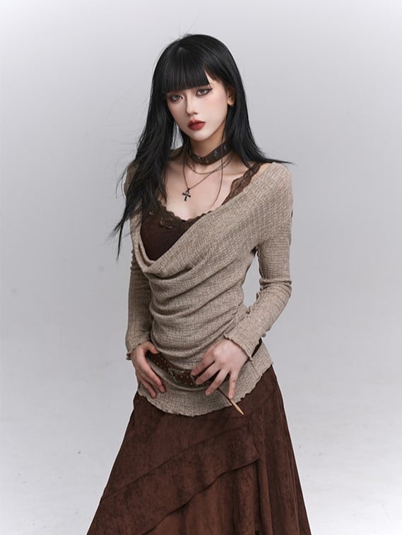 Cowl Beige Neck Top Belt Ruched Gothic with Brown