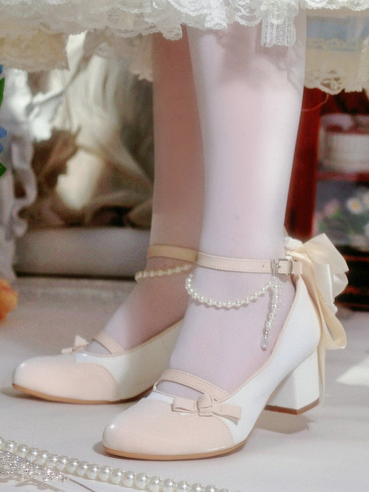 Back Detail Apricot Janes Beaded in Sophisticated Mary Bow Mid-heel PU White Classic Chain Leather