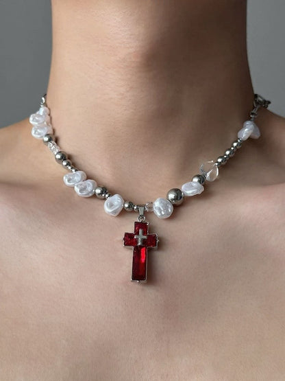 Y2K Red Cross Pendant with White Pearl Beads - YSHXS