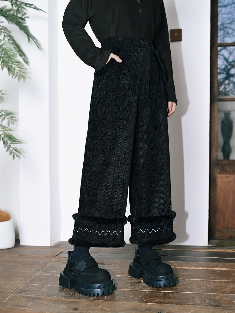 Black High-Waisted Wide-Leg Pants with Pony Embroidery & Fur Hem - Quirky Hut