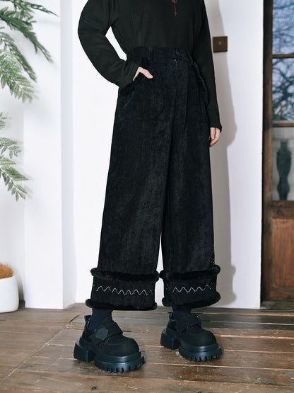 Black High-Waisted Wide-Leg Pants with Pony Embroidery & Fur Hem - Quirky Hut
