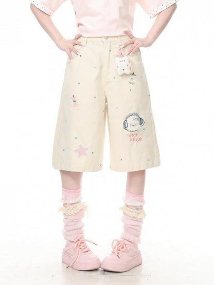 Apricot Polka Dot Cropped Wide Pants with Puppy Embroidery - Languid Park