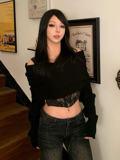 Long Loose Knit Collar Top with Black Short Sleeve Adjustable