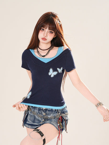 ブルー/レッドのバタフライアップリケフェイクツーピースTシャツ