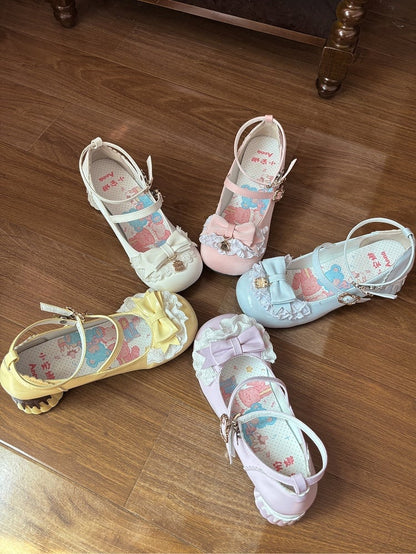 with Lolita - Heel at Trim Toe Cute Details Lace Pudding Janes Pink Top Bow Sweet Style Pumps Round Mary