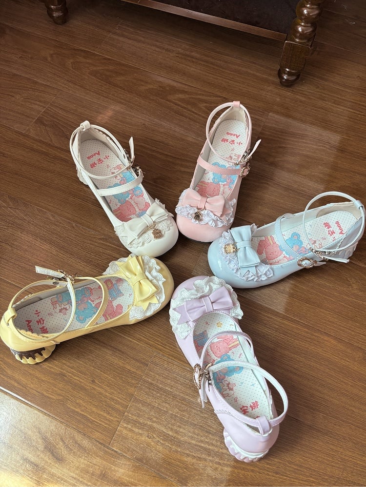 Bow Round Cute - Pumps Lolita Toe Mid-heel Pudding Decor Jane Heel Mary with Shoes Blue Shape Sweet