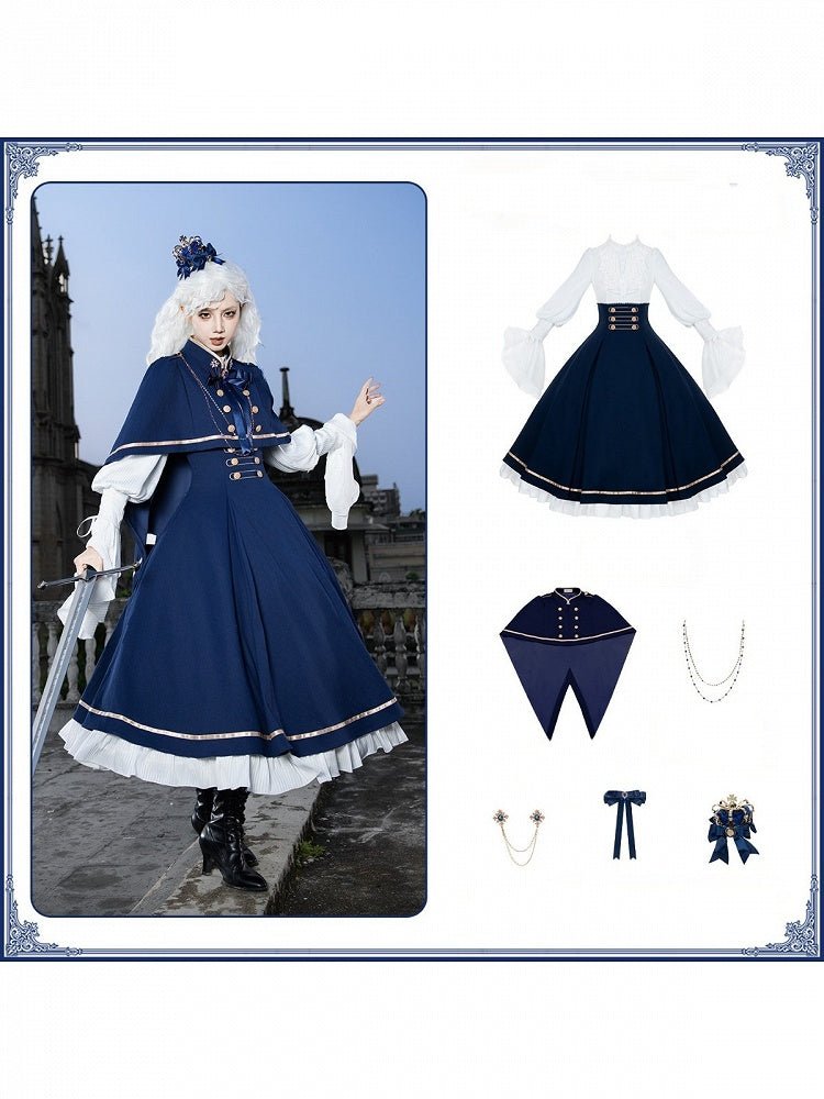 Navy Prince Lolita OP Full Set Long Fake Two-Piece with Cape, Shoulder Chain, Brooch, Bow Tie & Crown - With PUJI