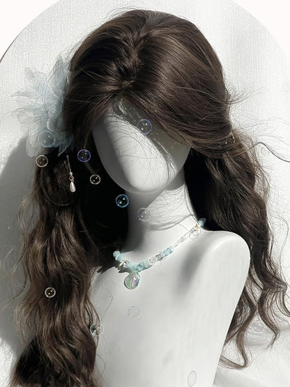 Braune lange gewellte Perücke mit Vorhangpony