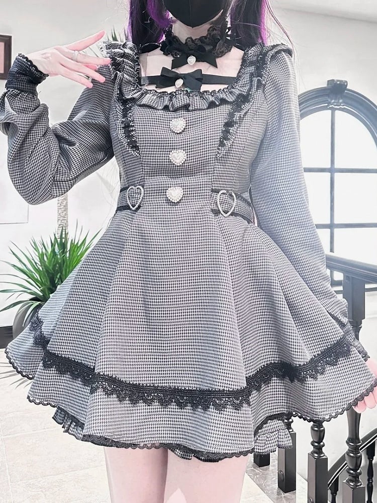 Mini Puff Detachable Collar Gray with Houndstooth Set Kei - Matching Jirai Dress Shorts Dark