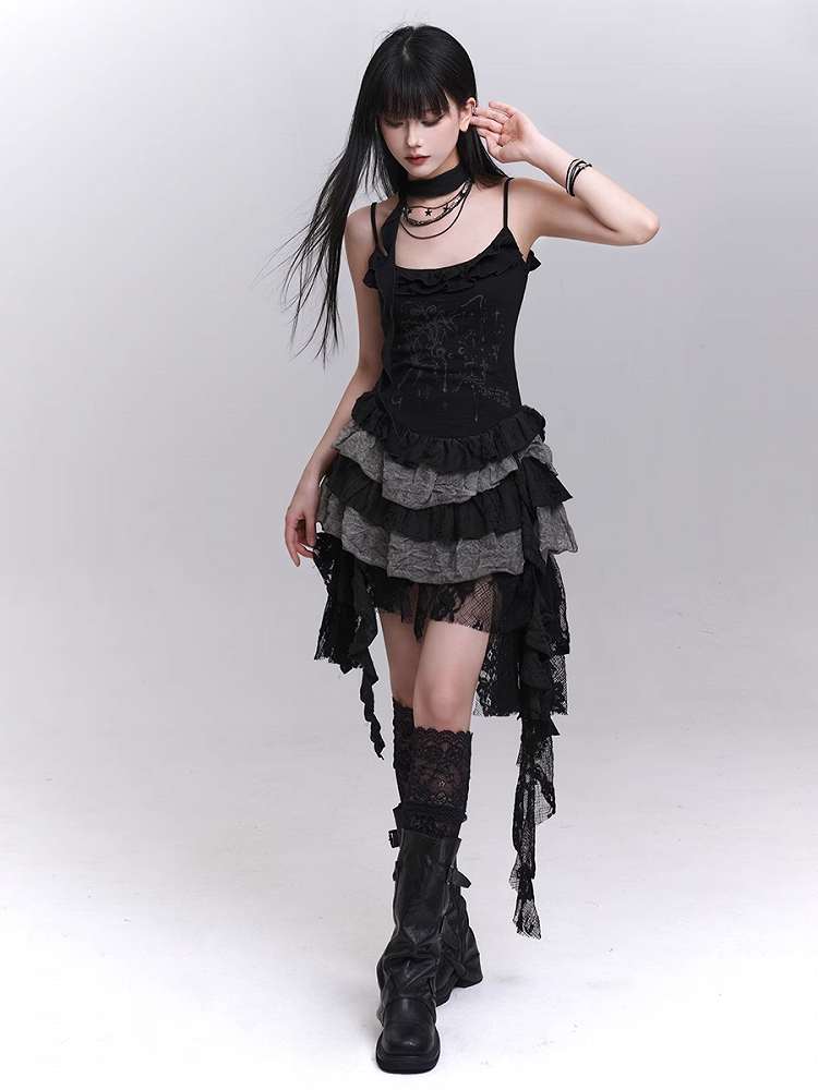 Patchwork Black Lace Cascading Ruffles Skirt