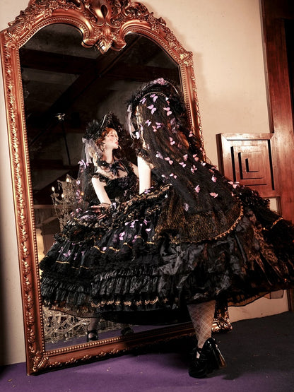 Ankle-Length Black & Purple Hanayome Hime Dress with Butterfly and Flower Accents - Cat Fairy Lolita