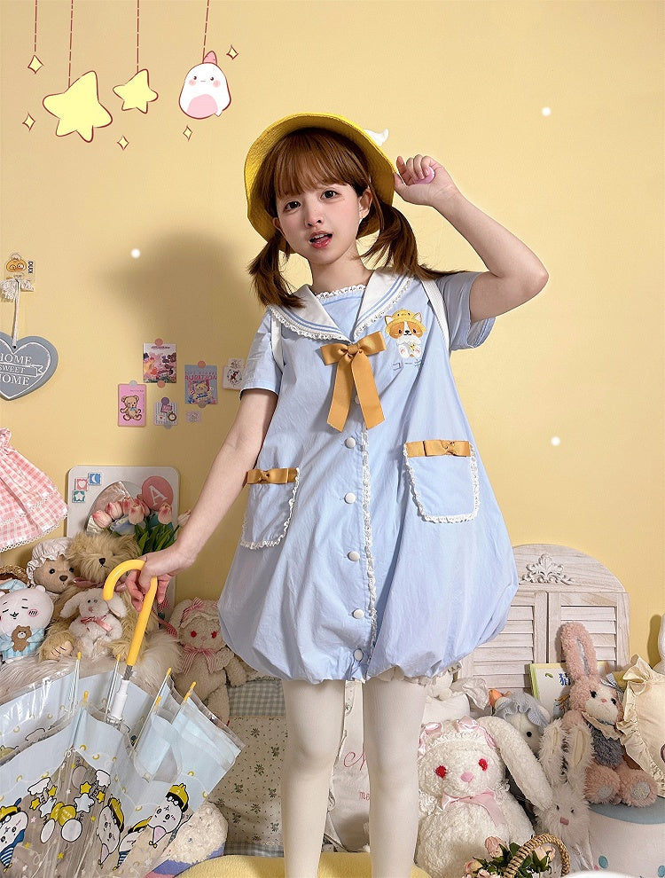 Light Blue Sailor Collar Corgi Bubble Skirt Dress