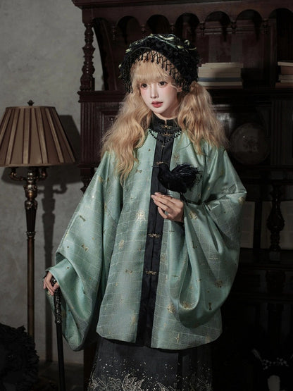 Green-Black Hanfu-Inspired Blouse with Floral Accents - San Sheng Du