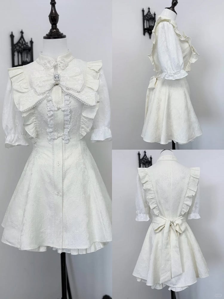 ネクタイ + ヘアクリップ Y2K 袖ドレス + ショートパンツ + 蝶ネクタイ セット - チャイナ ドレス襟ショート ホワイト ジライ