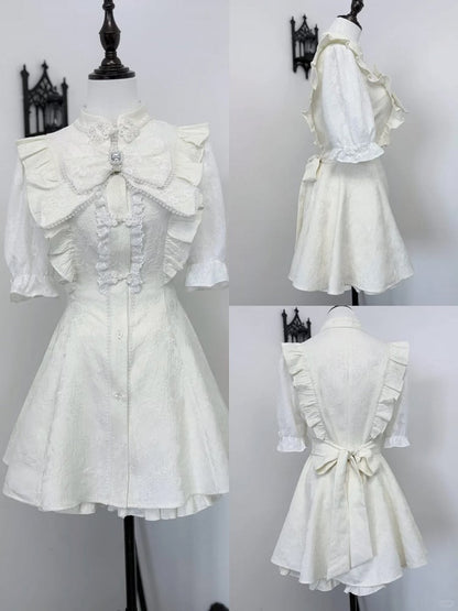 ネクタイ + ヘアクリップ Y2K 袖ドレス + ショートパンツ + 蝶ネクタイ セット - チャイナ ドレス襟ショート ホワイト ジライ