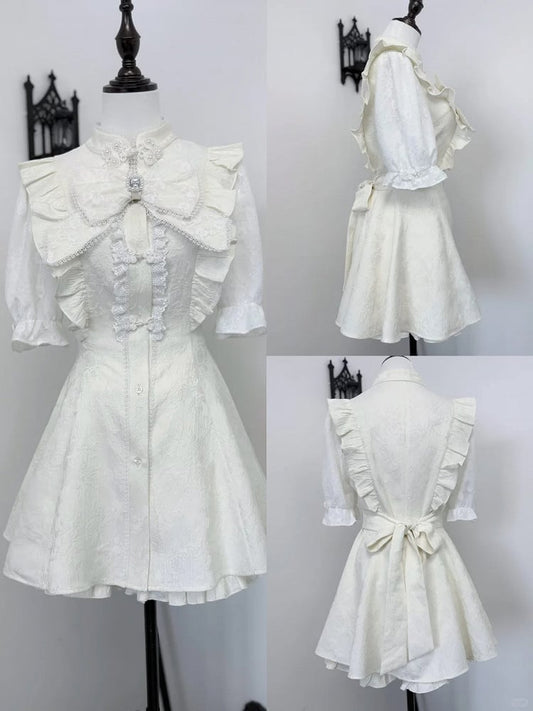 ネクタイ + ヘアクリップ Y2K 袖ドレス + ショートパンツ + 蝶ネクタイ セット - チャイナ ドレス襟ショート ホワイト ジライ