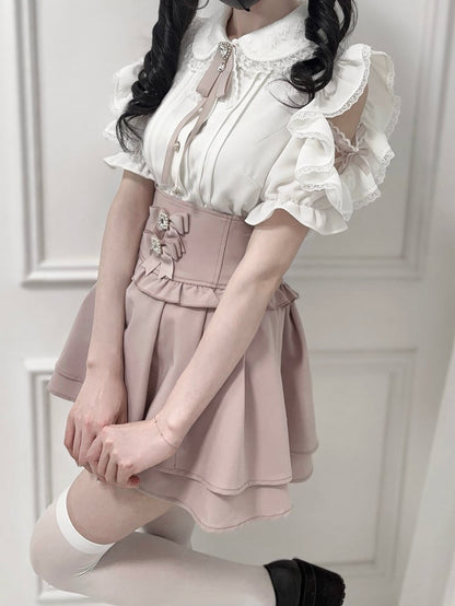 Jirai Peter with Shoulder Collar Bow Kei Blouse Tie Pan Cutout Trim White Lace