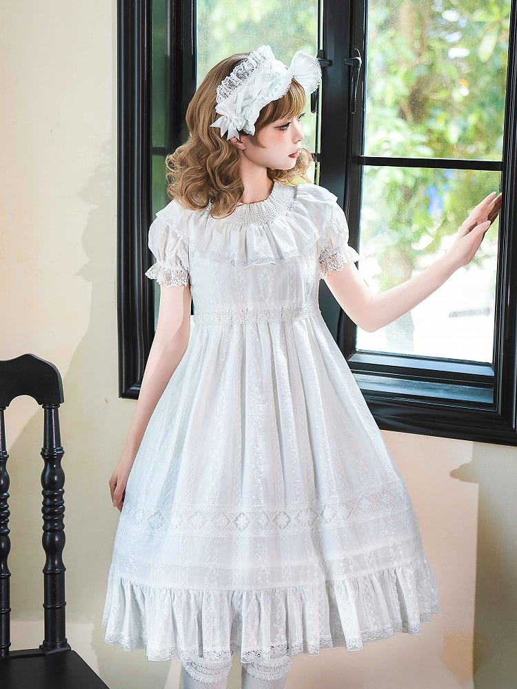 Weißes Lolita-Taille-Shiro-Kleid mit hohen Puffärmeln aus Baumwolle