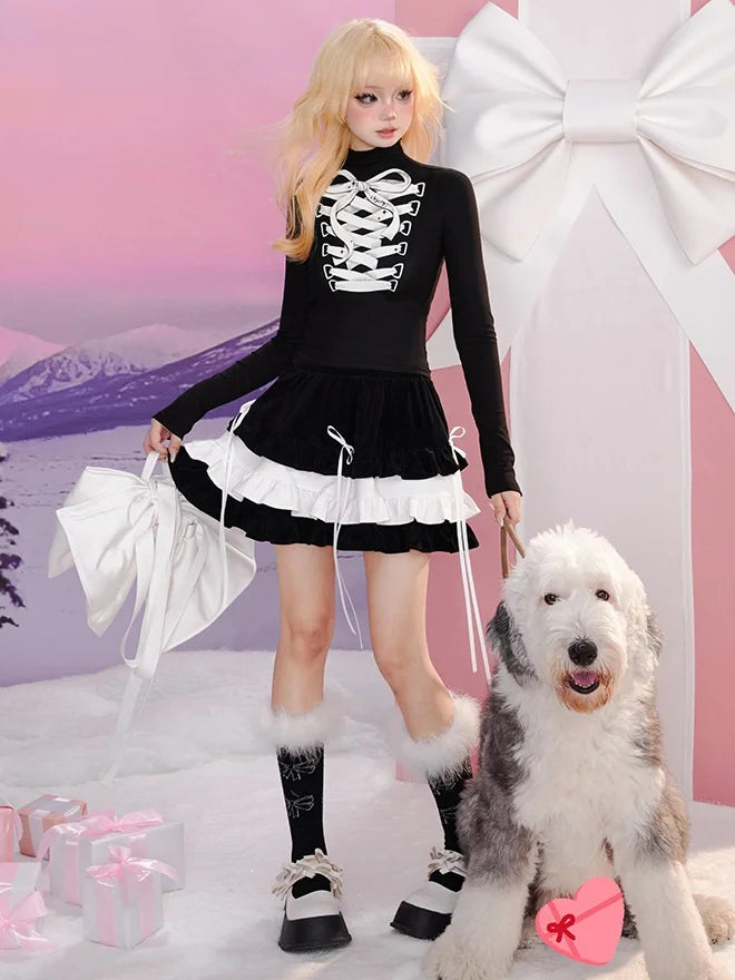 Black Bow Lace-Up Print High Neck Long-Sleeve Top