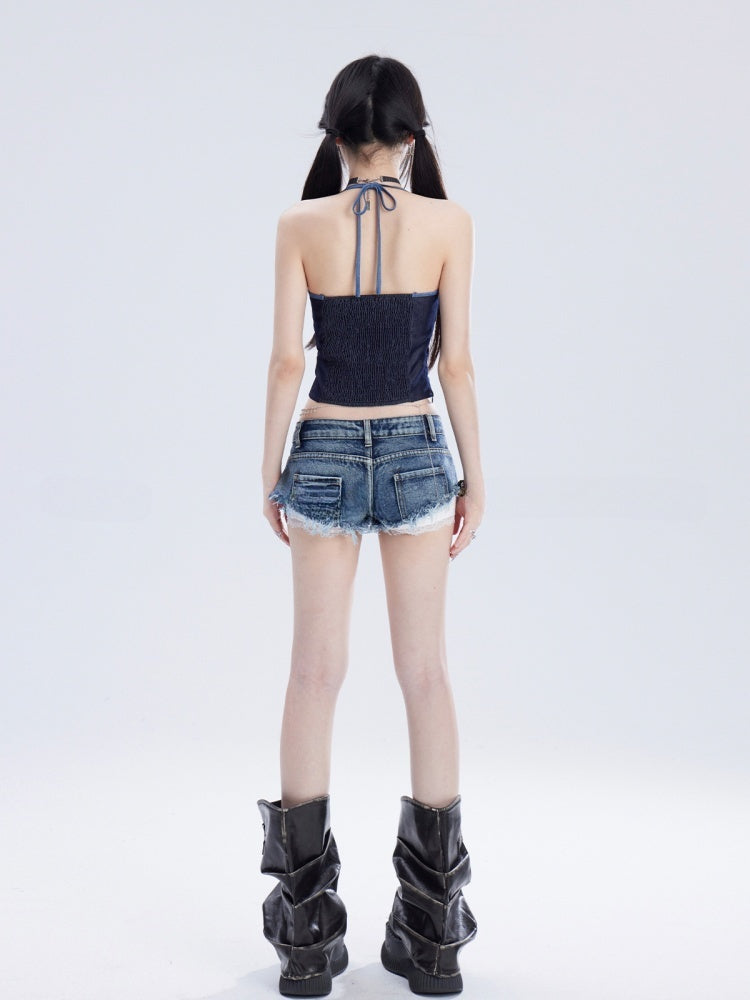 Studded Waist Raw Y2K Blue Low Glamorous Denim Shorts Hem