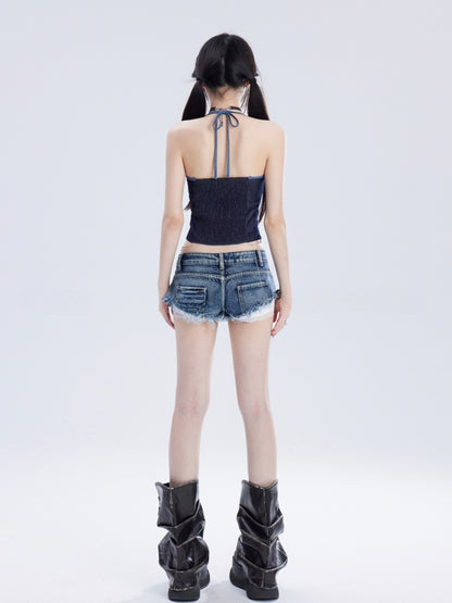 Studded Waist Raw Y2K Blue Low Glamorous Denim Shorts Hem