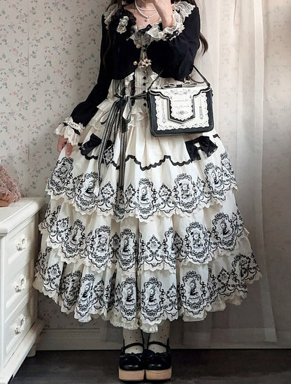 Lolita with Edge Scalloped Layered Elegant Trim Black Rabbit Pattern White Skirt