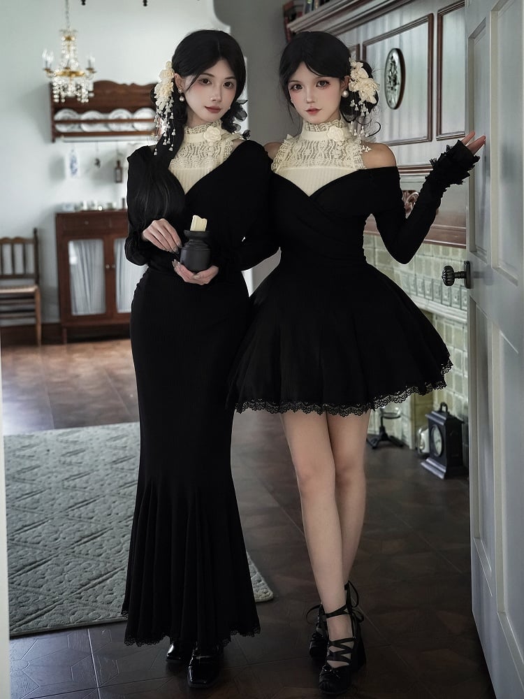 V-Neck Deep + Dress Knit Slim-Fit Sleeveless Flower Hairclip Top Black Beige Mermaid Elegant