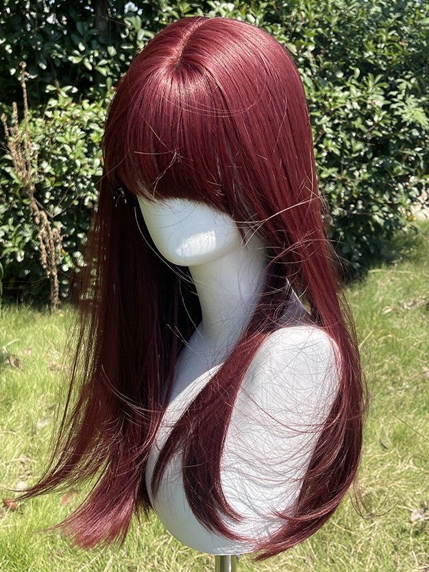 Himbeerrote lange glatte Kunsthaarperücke mit Pony