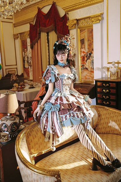 Brown Skirt Sleeves Detachable with Embroidery Dress Circus Lolita Jumper Bunny Blue Sweet Puff and