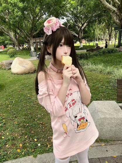 Cartoon with Neck T-shirt Print Girl Halter Pink