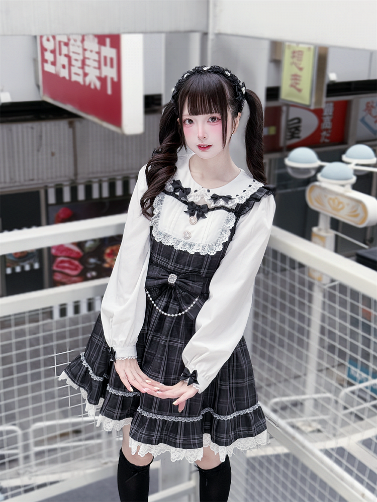 Waist Bow Jirai Dress: Pan Peter Gray Big with Academia Vintage Kei Collar Plaid