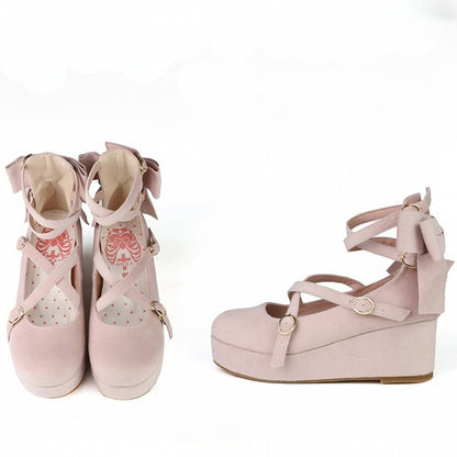 Platforms Wedge Bow Velvet Design Crisscross Pink - Accent Sweet