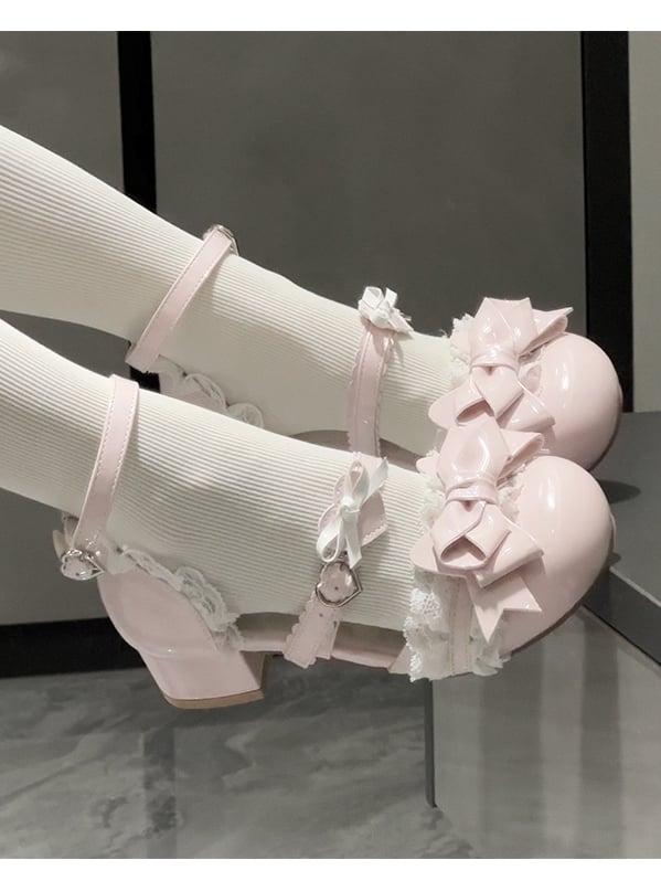 Trim Bow Round Lolita - Low Top at Toe Heels Pink Light Shoes Sweet Lace