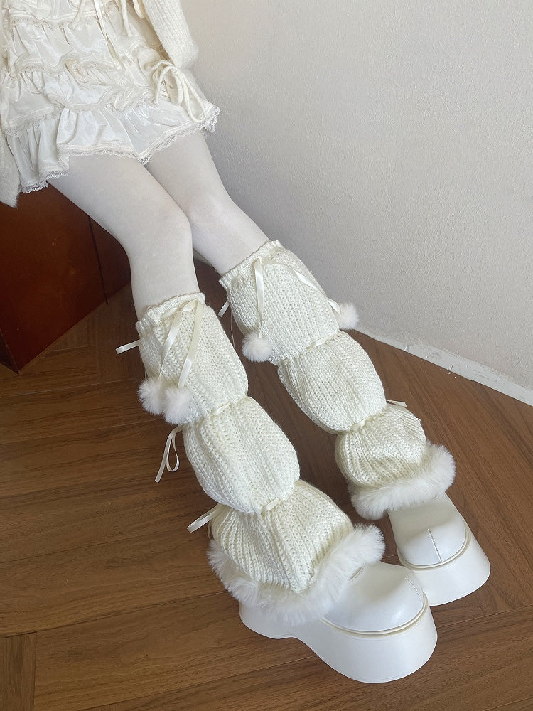 Ribbon Knitted Pom-Pom White/Black Plush-Trimmed Decorations and with Warmers Leg