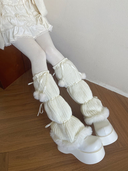 Ribbon Knitted Pom-Pom White/Black Plush-Trimmed Decorations and with Warmers Leg