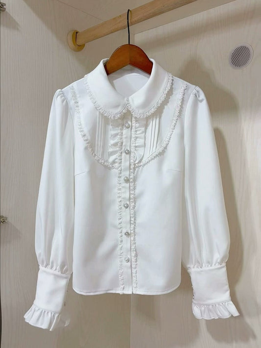White Rounded Flat Collar Long Sleeves Shirt