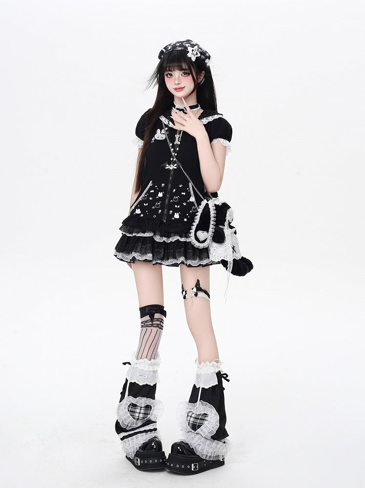 Jirai Trim Bunny Ears Design Hood Lace Kei Black/White