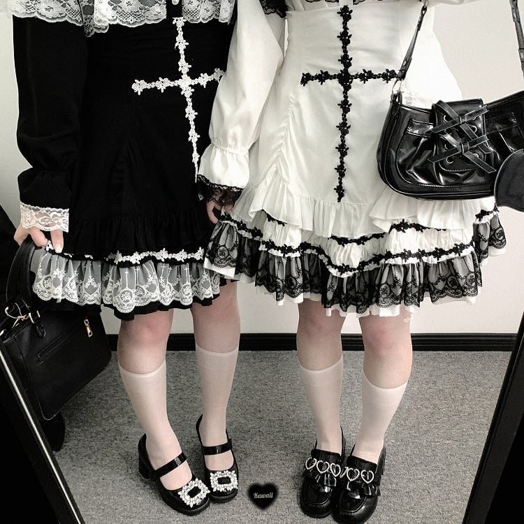 Skirt Rose Cross Landmine White/Black/Pink Embroidery Jirai Hem High Style Kei Lace Waist